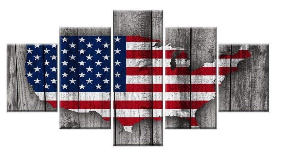 Barn Wood Style American Flag Canvas Wall Art Print Home Decor 5 Piece