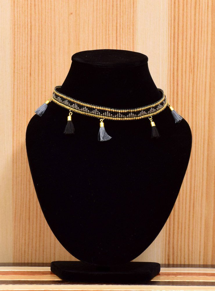 Handmade Artificial Necklace Black Bean, Gray Violet And Golden Color