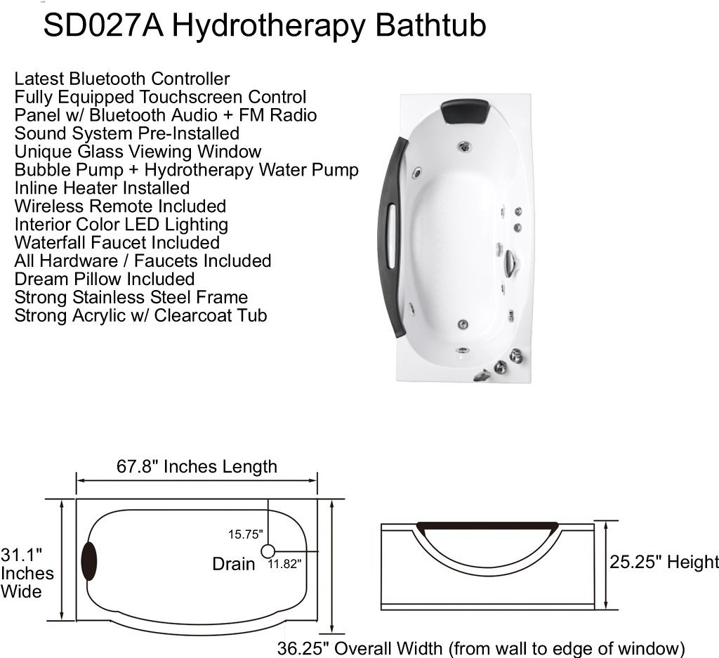 1 Person Hydrotherapy Jetted Tub Bathtub, with Inline Water Heater, and