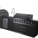 3 Piece Black Stainless Steel Outdoor BBQ Kitchen Grill Island with Refrigerator Sink Pizza Oven