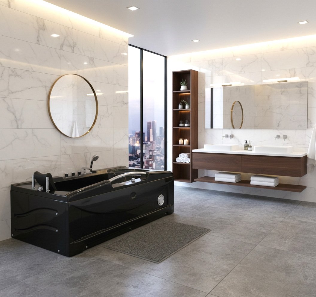 1 Person Massage Hydrotherapy Right Corner Black Bathtub with Remote, Bluetooth, Inline Water Heater