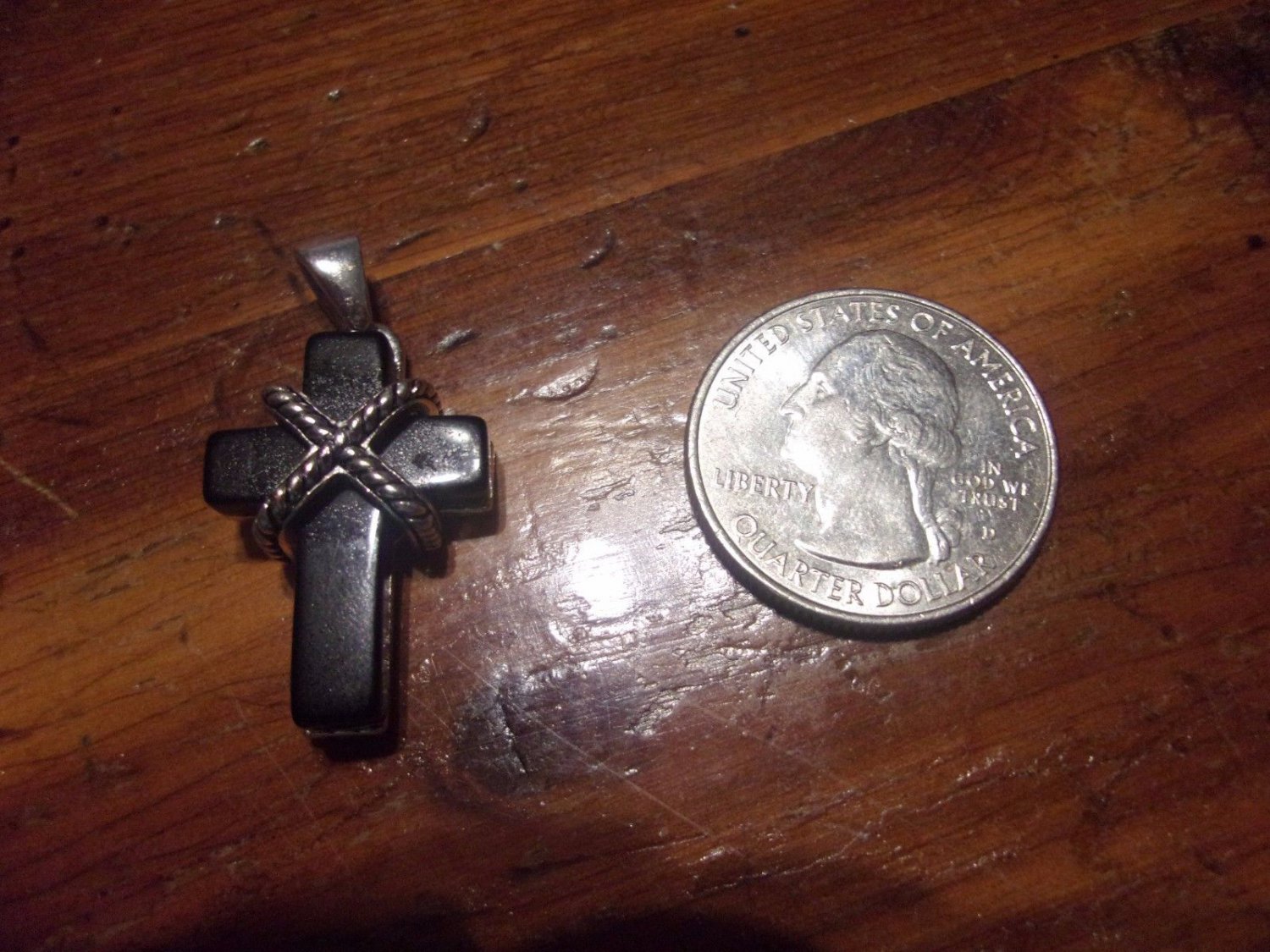 "Roman" signed  cross pendant silver tone  onyx stone rope detail