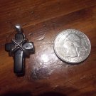 "Roman" signed  cross pendant silver tone  onyx stone rope detail