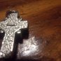 "Roman" signed cross pendant silver tone onyx stone rope detail