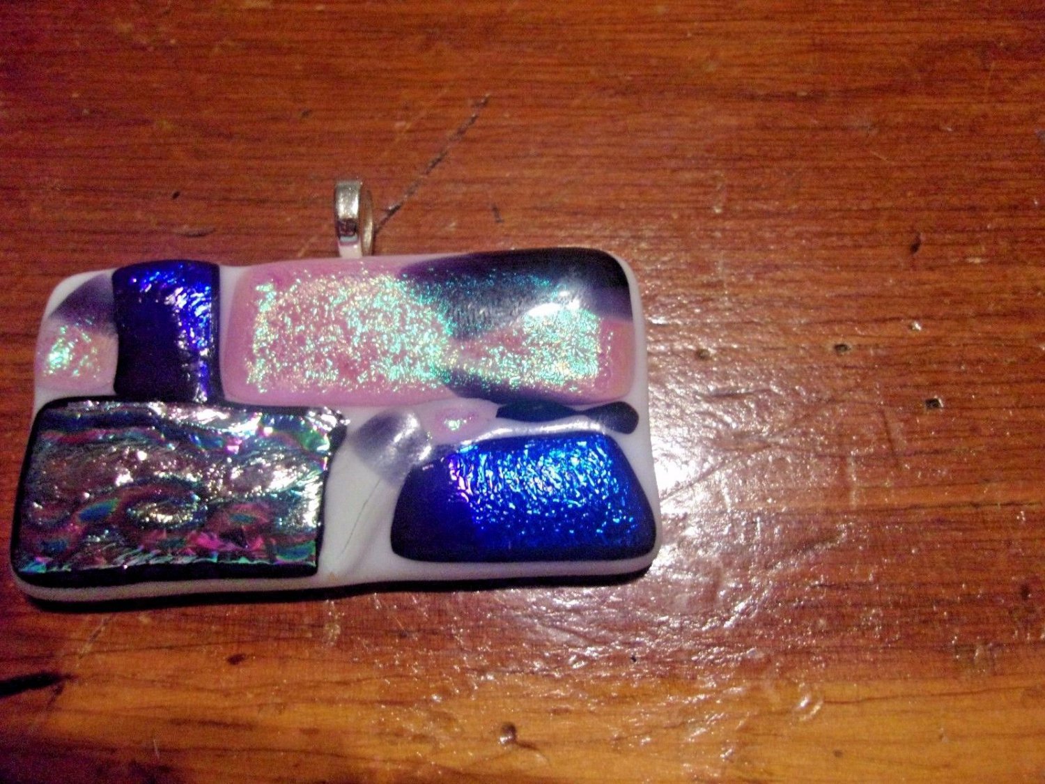 Vintage 80's White Blue Pink Purple Dichroic Glass Pendant rectangle sparkle