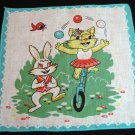 Juggling cat on unicycle and dancing rabbit vintage childs hanky cm1041