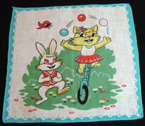 Juggling cat on unicycle and dancing rabbit vintage childs hanky cm1041
