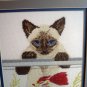 Framed needlepoint picture Siamese cat looking in fish tank cm1043