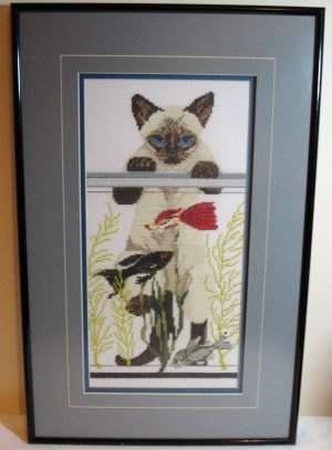 Framed needlepoint picture Siamese cat looking in fish tank cm1043