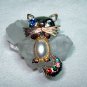 Whimsical cat pin brooch with whiskers and rhinestones pearl jelly belly vintage cm1063