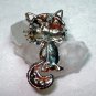 Whimsical cat pin brooch with whiskers and rhinestones pearl jelly belly vintage cm1063