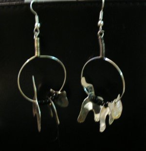 Silver cat mobile earrings on hoops with black beads cm1106