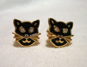 Cats heads earrings gold plate enamel rhinestones Avon post vintage costume jewelry cm1242