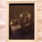 Cat and kitten scratchboard picture silver underlay signed framed vintage cm1309