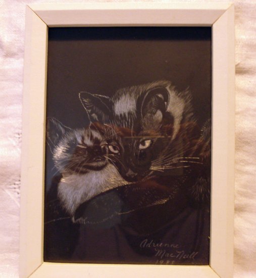 Cat and kitten scratchboard picture silver underlay signed framed