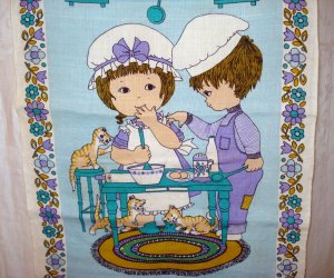 Good friends too many cooks Ulster linen towel with cats and dogs excellent vintage cm1363