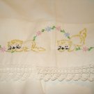 Embroidered crib or pram sheet with kittens crocheted lace handmade vintage cm1389