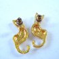 Gold tone cat earrings curled tails rhinestone collars pierced cm1452