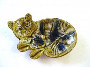 USA green cat ashtray, spoon rest soap candy dish vintage cm1456