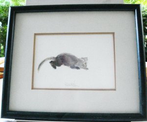 Cat kitten chasing string watercolor signed Patrick Liu Lin framed preowned 4 way cm1459