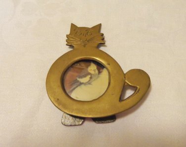 Handmade cat picture frame primitive brass round opening vintage humorous cm1497