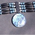 Black Silver and Blue Handmade Collar/Choker, Handmade and Painted Glass Pendant Black Silver and Blue Handmade Collar/Choker, Handmade and Painted Glass Pendant