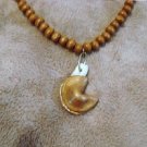 Handmade Beaded Necklace with Fortune Cookie Pendant, brown wood beads, Handmade Beaded Necklace with Fortune Cookie Pendant, brown wood beads,