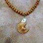 Handmade Beaded Necklace with Fortune Cookie Pendant, brown wood beads,