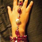 Glass Beaded Memory Wire Harem / Slave Bracelet, Red Black and Silver tone beads