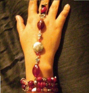Glass Beaded Memory Wire Harem / Slave Bracelet, Red Black and Silver tone beads