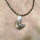 Hand Made Beaded Necklace with Fortune Cookie Pendant, Hematite beads, Gunmetal Hand Made Beaded Necklace with Fortune Cookie Pendant, Hematite beads, Gunmetal