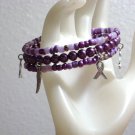 Purple Awareness Ribbon Charms on a Beaded Memory Wire Bracelet, Fashion Jewelry