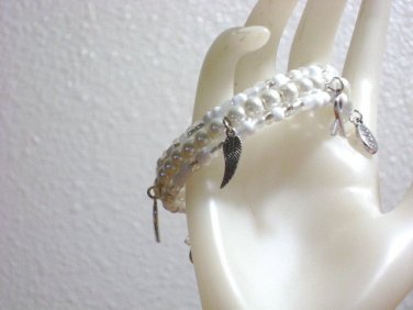 White Awareness Charm on a Beaded Memory Wire Bracelet, Fashion Jewelry