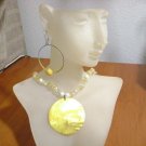 Handmade Yellow Mother of Pearl pendant, glass beaded Necklace w/ hoop earrings