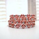 Glass Beaded Memory Wire Bracelet, Watermelon Red Glass Pearl Jewelry