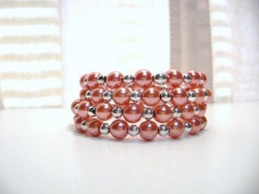 Glass Beaded Memory Wire Bracelet, Watermelon Red Glass Pearl Jewelry