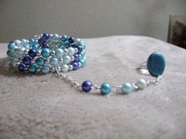 Blue & Teal  Beaded Harem/Slave Bracelet, Handmade, Glass Pearl Beaded Jewelry
