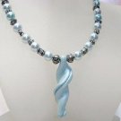 Light Blue Glass Pearl Handmade Necklace with Twisted Pendant Jewelry