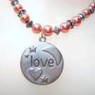 Red Glass Beaded Handmade Necklace with Stainless Steel Love Pendant Jewelry