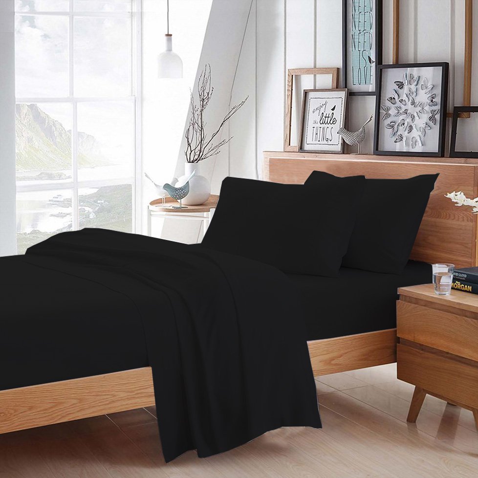 MISR Linen Single Black 4PCs Sheet Set Egyptian Cotton 400 Thread Count 21 Inch Pocket