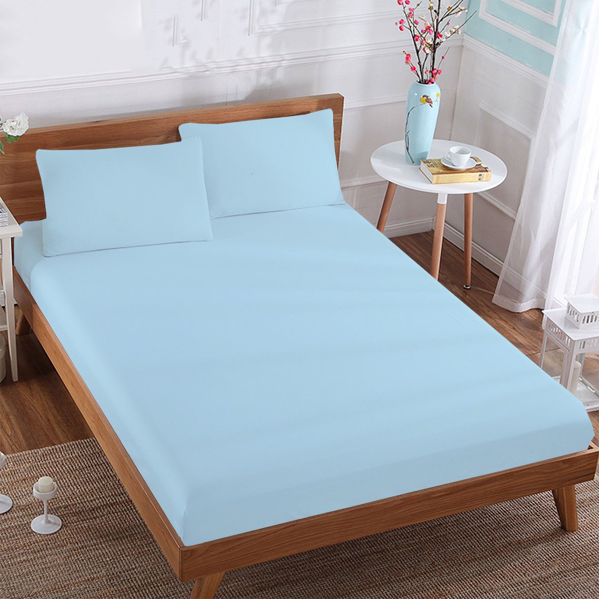 MISR Linen Super King Light Blue 3PCs Fitted Sheet Egyptian Cotton 400 Thread Count 21 Inch Pocket