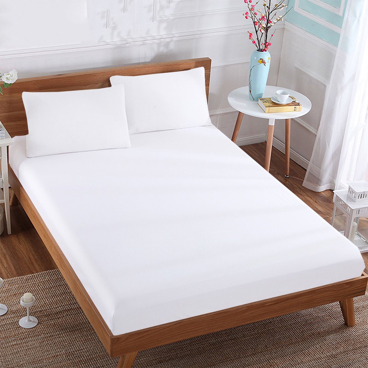MISR Linen Full White Solid 3PCs Fitted Sheet Egyptian Cotton 400 Thread Count 15 Inch Pocket
