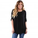 Black Ruched Detail Pin up Sleeve Front Blouse Female Plus Size Tops Chiffon T Shirt YG250346