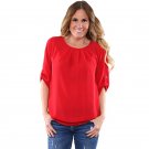 Red Ruched Detail Pin up Sleeve Front Blouse Female Plus Size Tops Chiffon T Shirt YG250346
