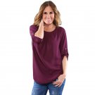 Purple Ruched Detail Pin up Sleeve Front Blouse Female Plus Size Tops Chiffon T Shirt YG250346