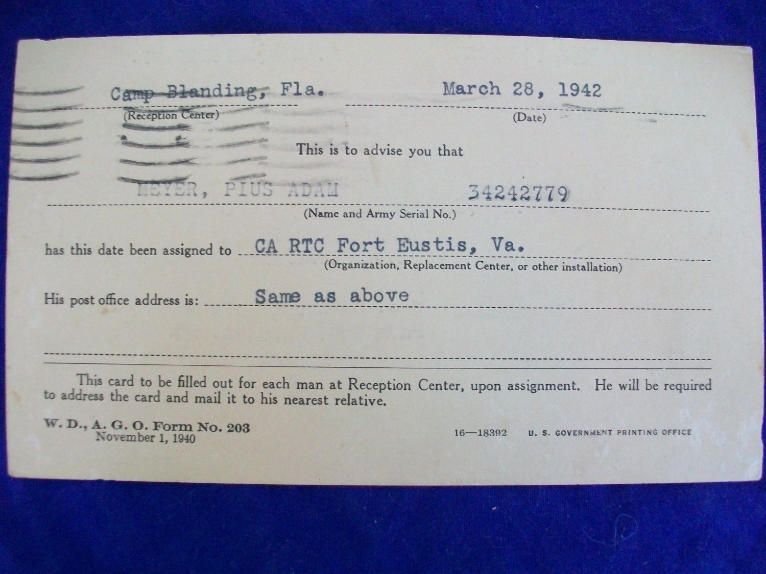 WWll army induction card RTC Fort Eustis Va War Department. Form No. 203