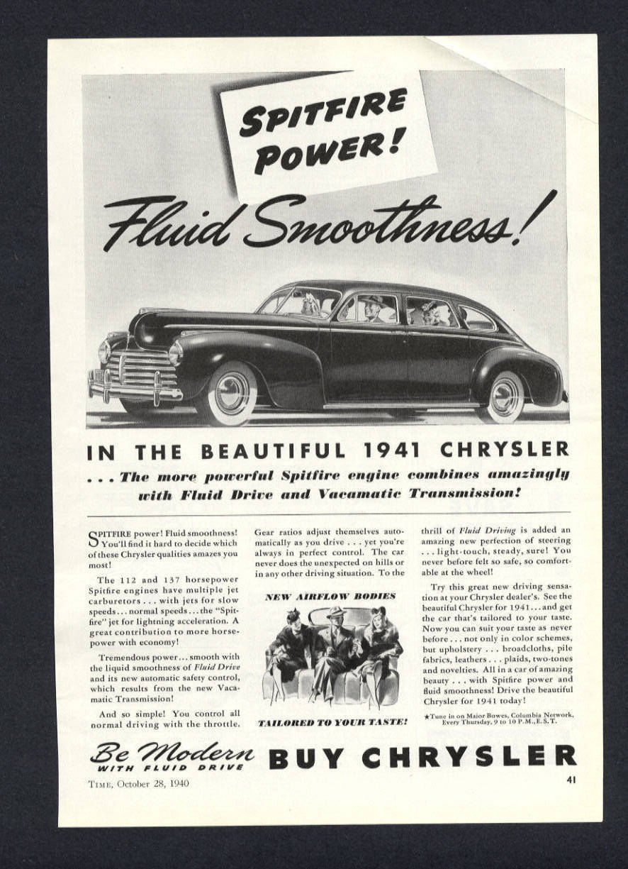 1941 '41 CHRYSLER SPITFIRE ENGINE WITH FLUID DRIVE VINTAGE MAGAZINE CAR PRINT AD