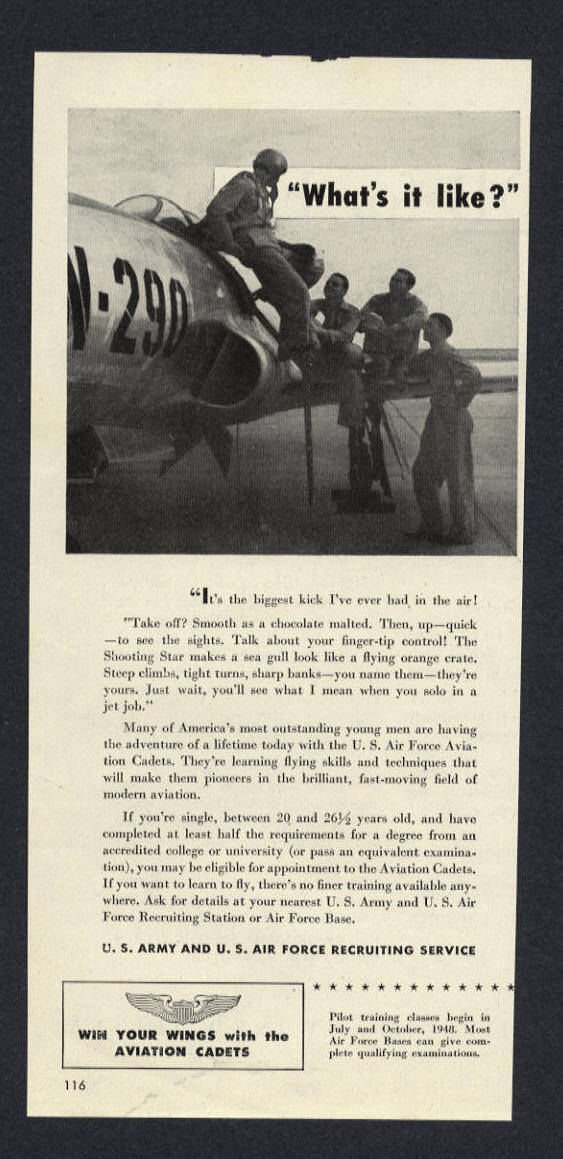 1948 U.S ARMY AIR FORCE RECRUITING SERVICE AVIATION CADETS VINTAGE PRINT AD