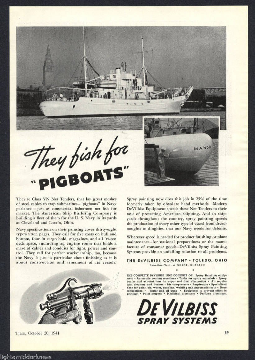 1941 DEVILBLISS SPRAY SYSTEMS WW2 YN NET TENDERS PIGBOATS TRAP SUBMARINES AD