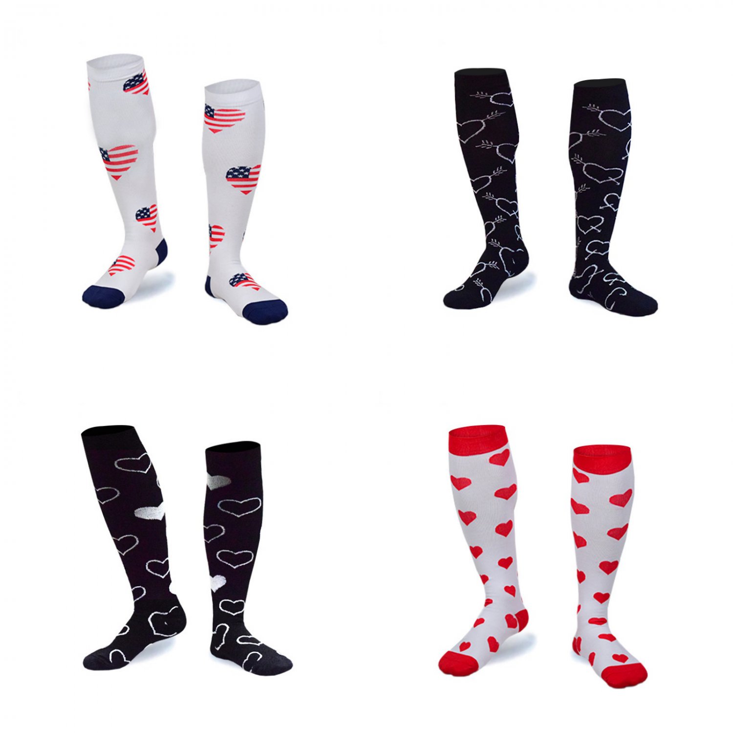 4 Pack Heart Print Compression Socks 15-25mmHG for Everyday Wear, Home Wear